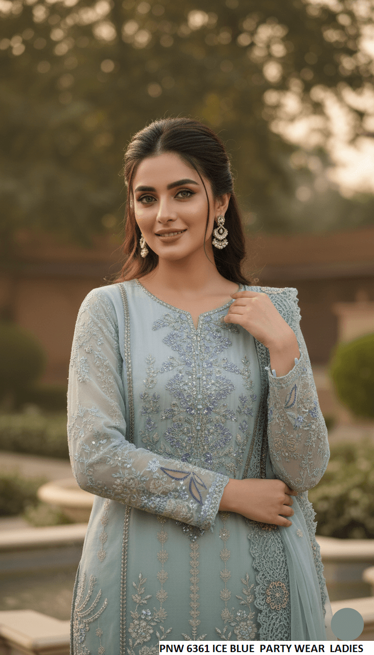 Chiffon straight shirt ice blue - Pakistani women's party wear with grip trouser and chiffon dupatta front view