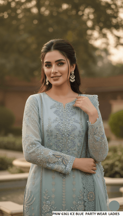 Chiffon straight shirt ice blue - Pakistani women's party wear with grip trouser and chiffon dupatta front view