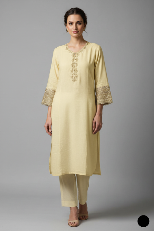 Lawn A-Line shirt lemon yellow - Pakistani women's casual summer outfit with cotton trouser and lawn dupatta front view