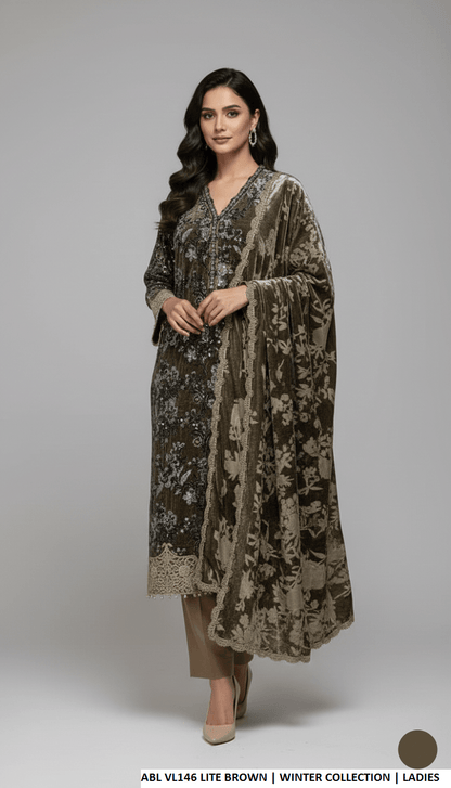 Velvet A-Line shirt light brown - Pakistani women's winter formal wear with viscose trouser and palachi shawl front view