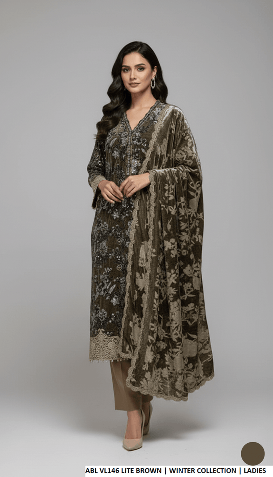 Velvet A-Line shirt light brown - Pakistani women's winter formal wear with viscose trouser and palachi shawl front view