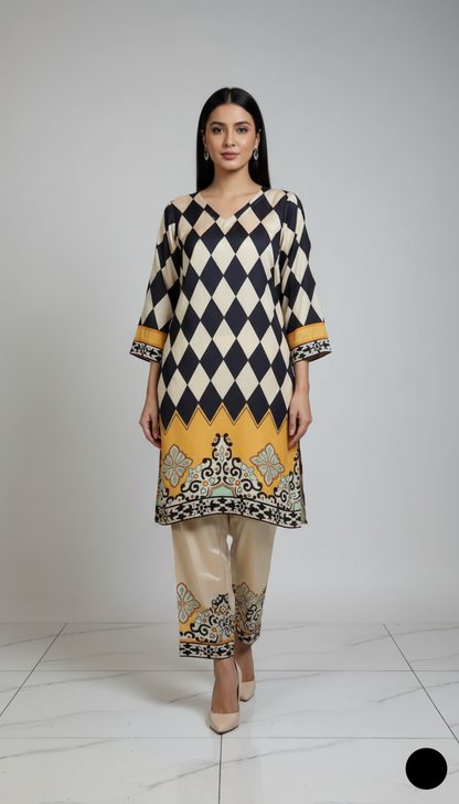 Lawn 2-piece printed - Pakistani women's casual summer outfit with cotton trouser and lawn dupatta front view