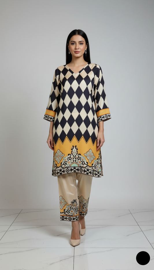 Lawn 2-piece printed - Pakistani women's casual summer outfit with cotton trouser and lawn dupatta front view