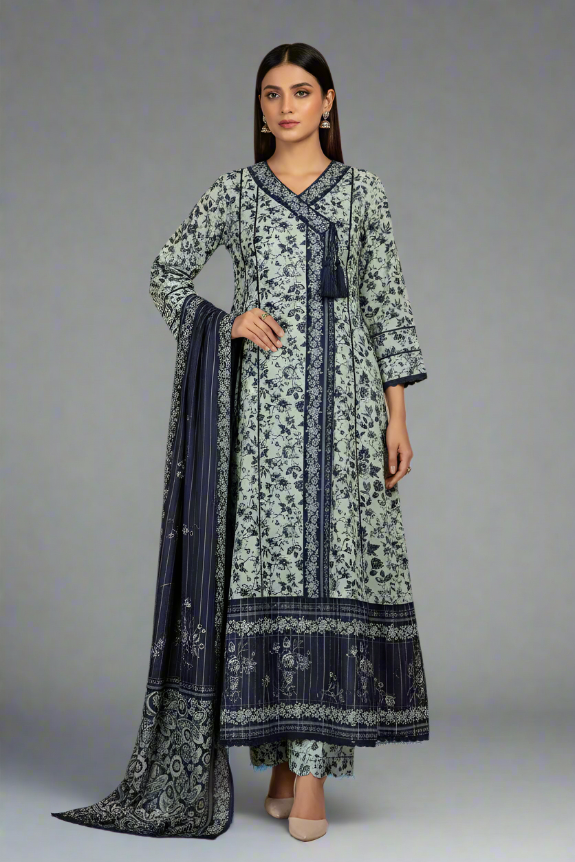 Lawn A-Line printed shirt - Pakistani women's casual summer outfit with cotton trouser and lawn dupatta front view
