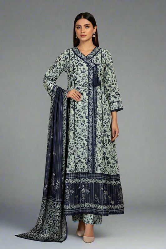 Lawn A-Line printed shirt - Pakistani women's casual summer outfit with cotton trouser and lawn dupatta front view