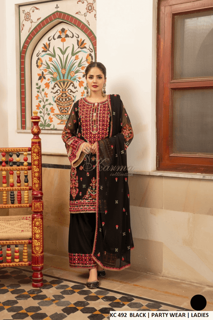 Pakistani women's black silk long A-Line shirt plazo back view