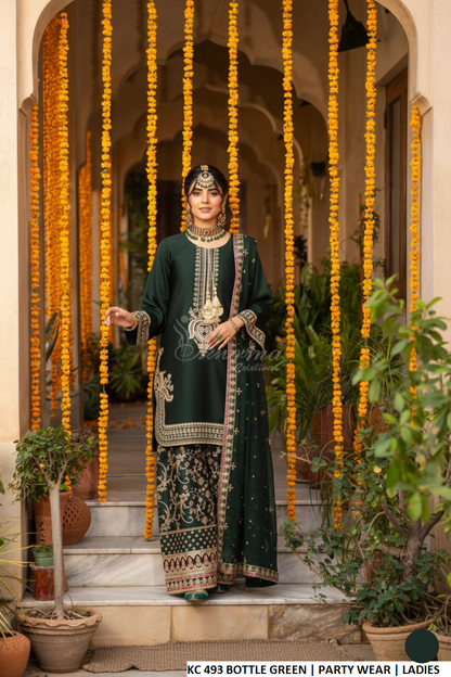 Silk long kaftan plazo bottle green - Pakistani women's luxury formal wear with silk dupatta front view