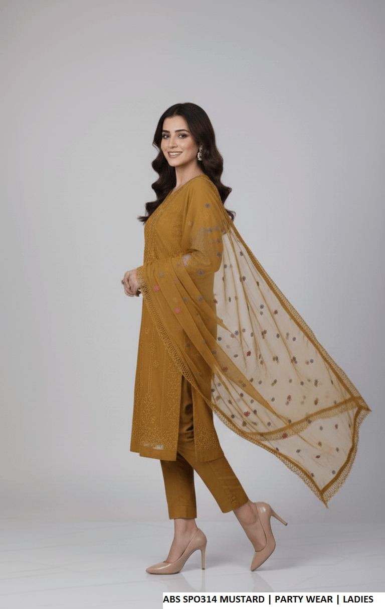 Pakistani women's mustard yellow chiffon straight shirt plazo back view