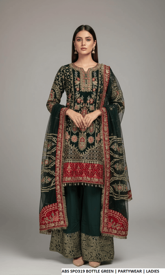 Chiffon straight shirt plazo bottle green - Pakistani women's party wear with grip plazo and organza dupatta front view