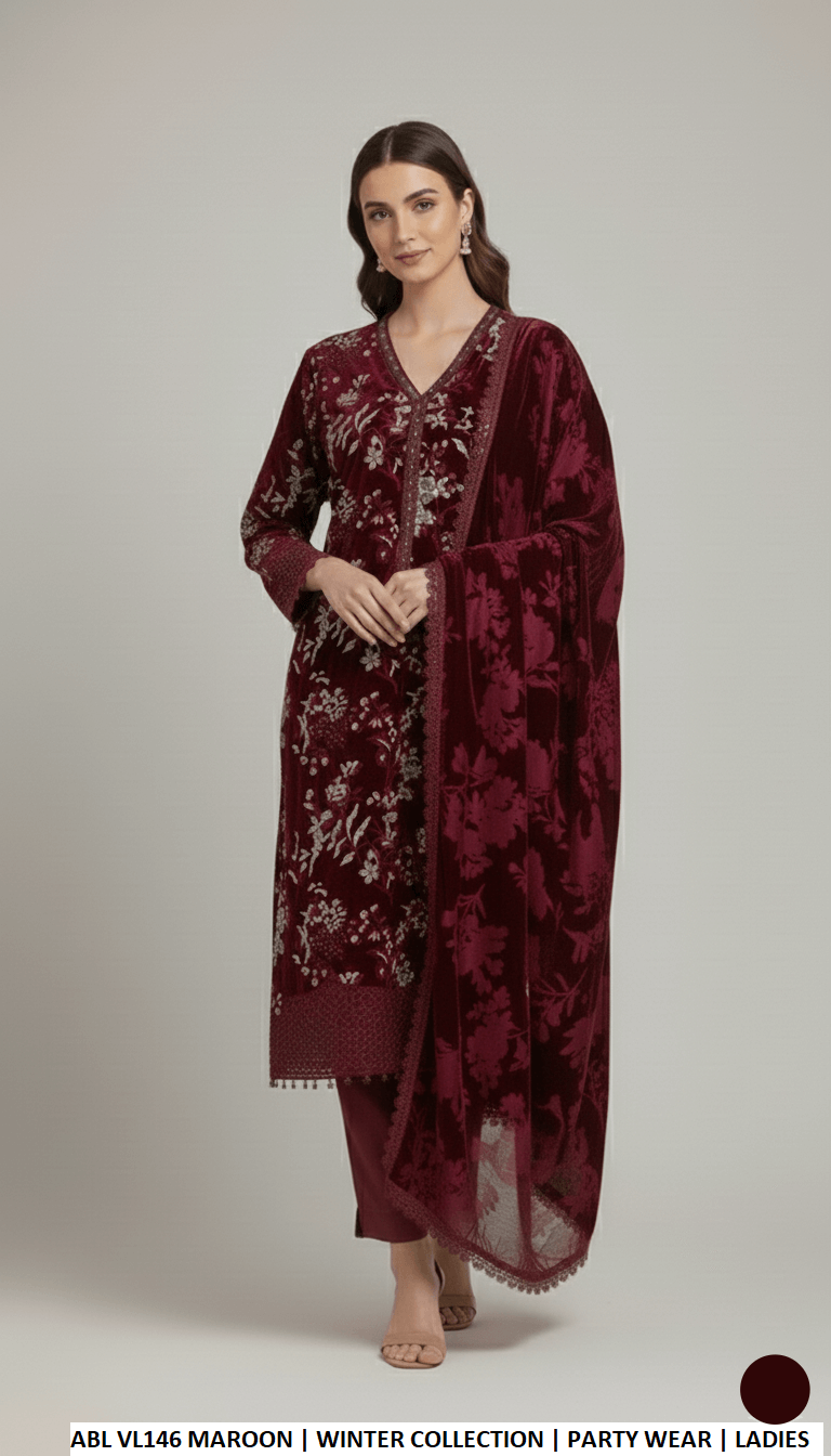 Velvet A-Line shirt maroon - Pakistani women's winter formal wear with grip trouser and palachi shawl front view