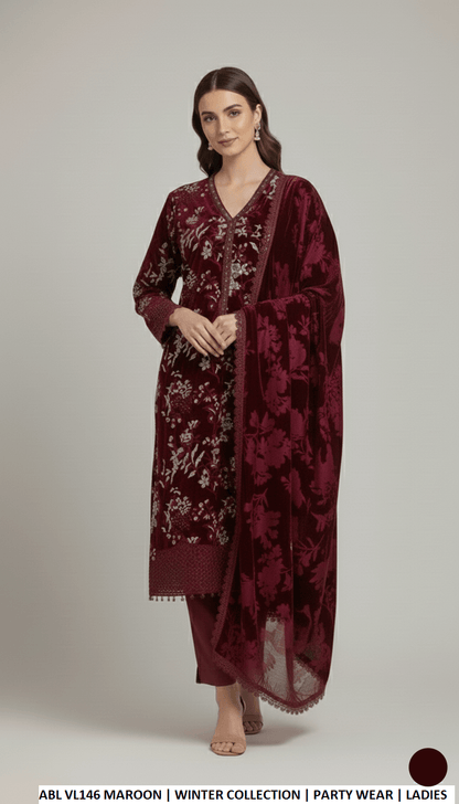 Velvet A-Line shirt maroon - Pakistani women's winter formal wear with grip trouser and palachi shawl front view