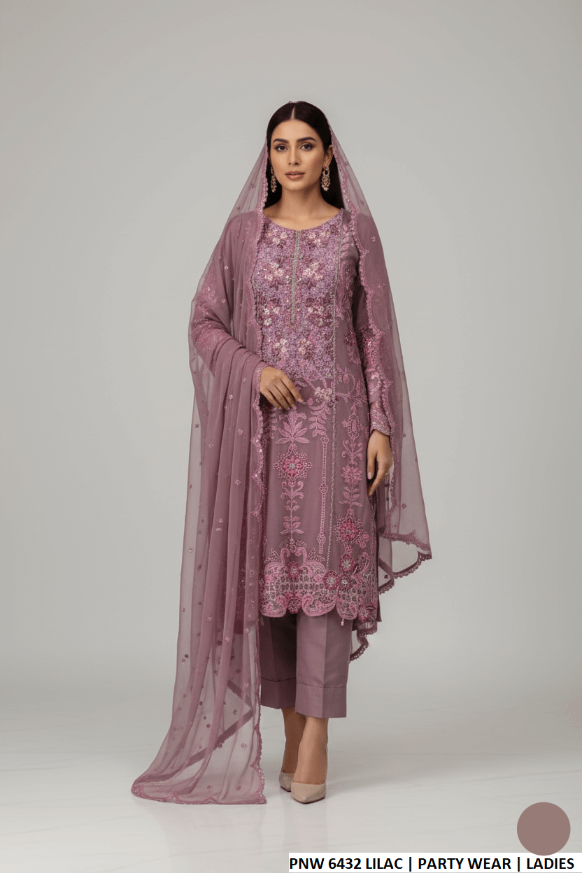 Chiffon straight shirt lilac - Pakistani women's elegant formal wear with viscose trouser and chiffon dupatta front view