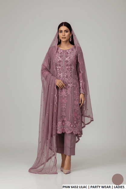 Chiffon straight shirt lilac - Pakistani women's elegant formal wear with viscose trouser and chiffon dupatta front view