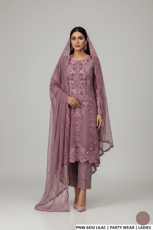 Chiffon straight shirt lilac - Pakistani women's elegant formal wear with viscose trouser and chiffon dupatta front view