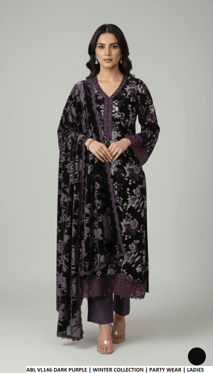 Dark purple velvet Pakistani women's A-Line shirt side view