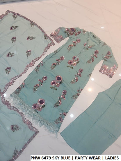 PNW 6479 SKY BLUE - Sky Blue Chiffon 3-Piece Women's Plazo Suit Pakistan