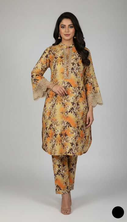 Khaddar printed 2-piece - Pakistani women's casual winter outfit with khaddar trouser and shawl front view