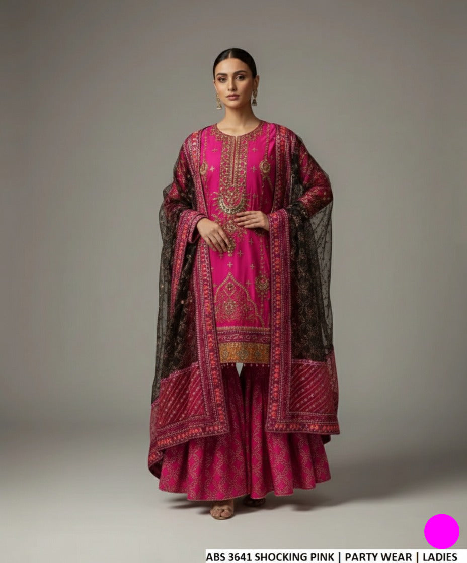 Grip straight shirt gharara shocking pink - Pakistani women's festive party wear with organza dupatta front view