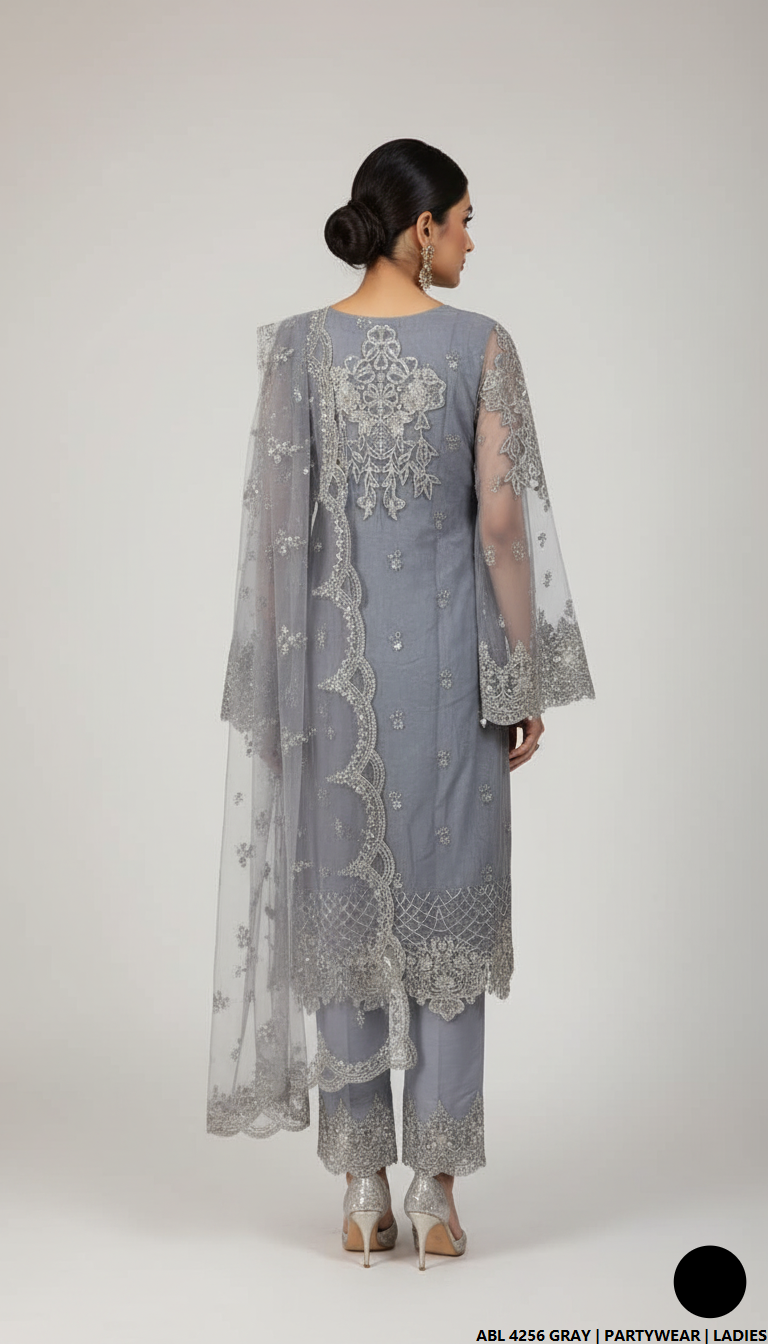 Pakistani women's grey organza straight shirt back view