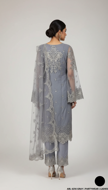 Pakistani women's grey organza straight shirt back view
