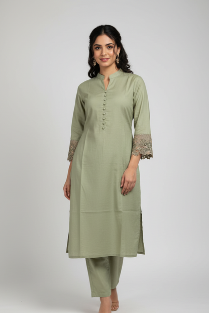 Lawn A-Line shirt pista green - Pakistani women's casual summer outfit with cotton trouser and lawn dupatta front view