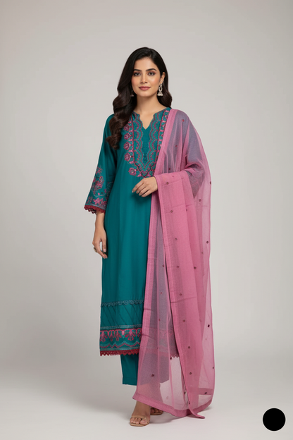 Lawn A-Line shirt zinc grey - Pakistani women's casual summer outfit with cotton trouser and lawn dupatta front view
