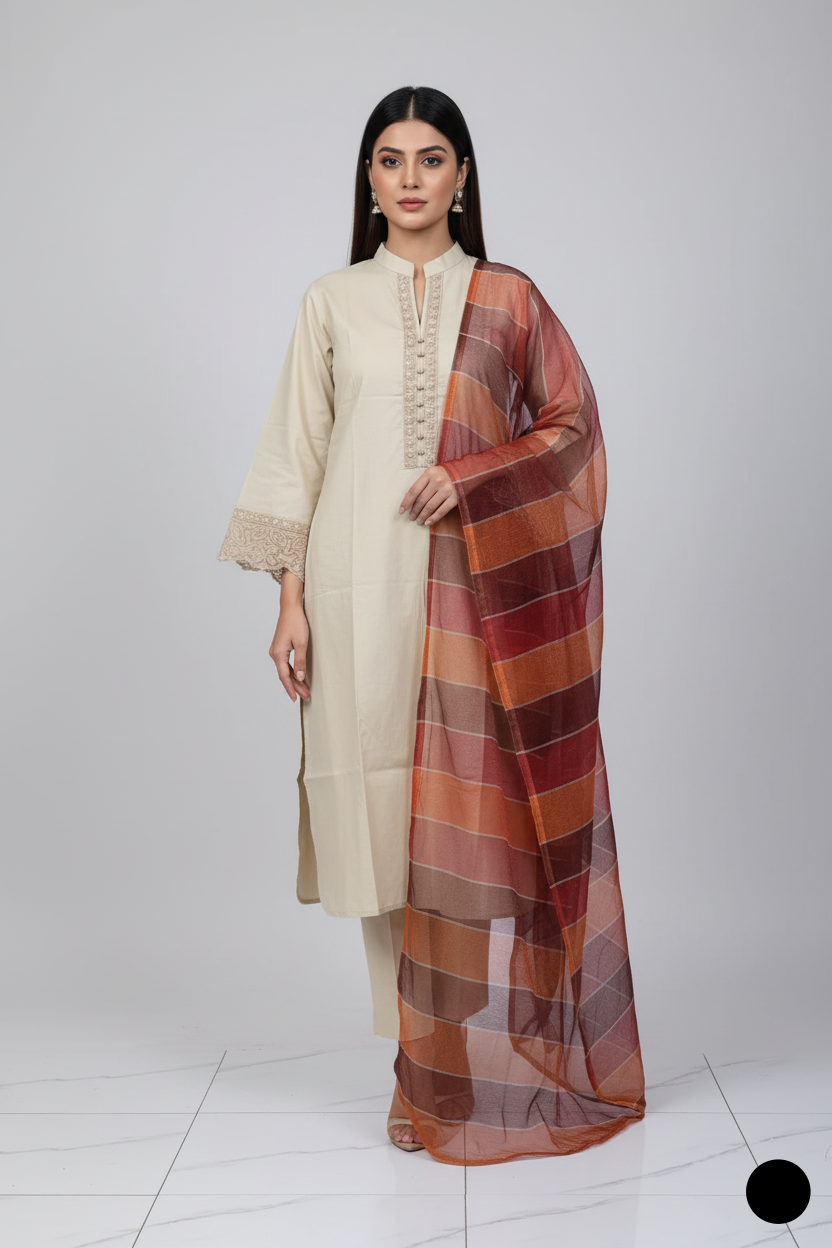 Lawn A-Line shirt skin - Pakistani women's casual summer outfit with cotton trouser and lawn dupatta front view