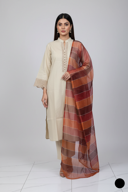 Lawn A-Line shirt skin - Pakistani women's casual summer outfit with cotton trouser and lawn dupatta front view