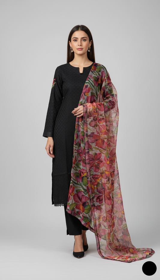 Lawn A-Line shirt black - Pakistani women's casual summer outfit with cotton trouser and lawn dupatta front view