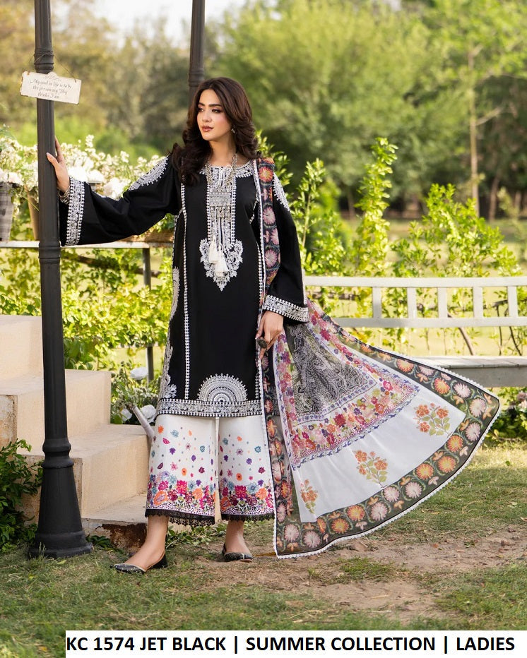 KC Sunehri 1574 Jet Black - Jet Black Embroidered 3-Piece Ready to Wear Women's Pakistani Suit