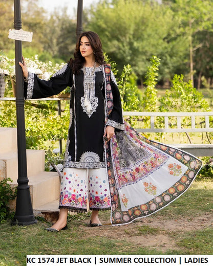 KC Sunehri 1574 Jet Black - Jet Black Embroidered 3-Piece Ready to Wear Women's Pakistani Suit