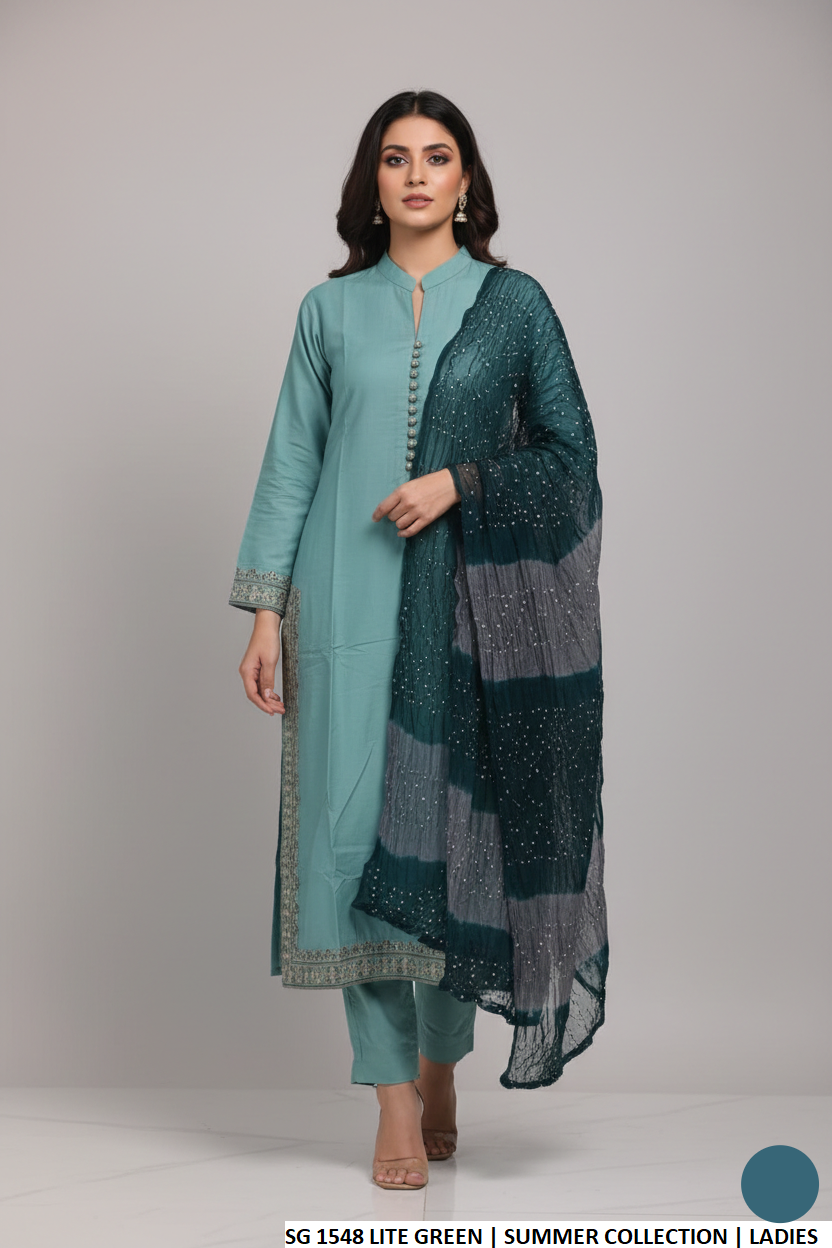 Cotton A-Line shirt light green - Pakistani women's casual outfit with chiffon dupatta front view