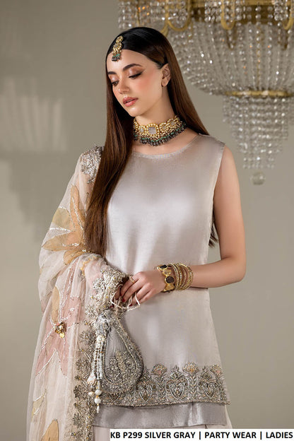 Pakistani women's silver grey gloss silk short shirt sharara detail view