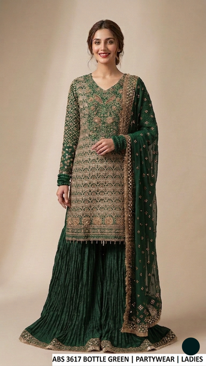ABS 3617 BOTTLE GREEN - Bottle Green Chiffon Straight 3-Piece Women's Pakistani Suit