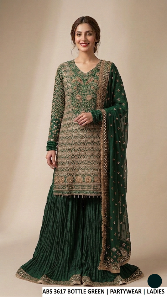 ABS 3617 BOTTLE GREEN - Bottle Green Chiffon Straight 3-Piece Women's Pakistani Suit