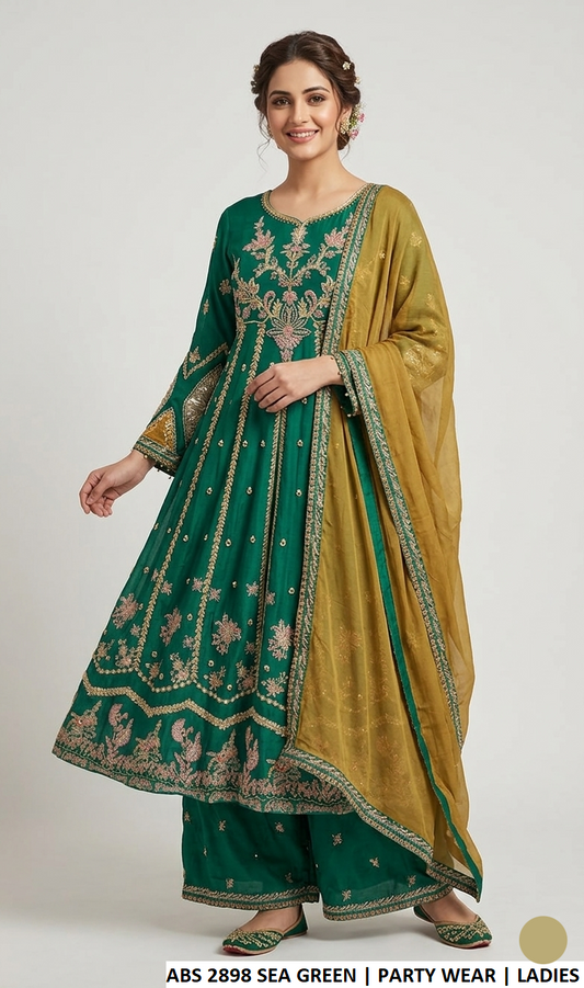 Chiffon open frock sea green - Pakistani women's luxury formal wear with viscose trouser and chiffon dupatta front view