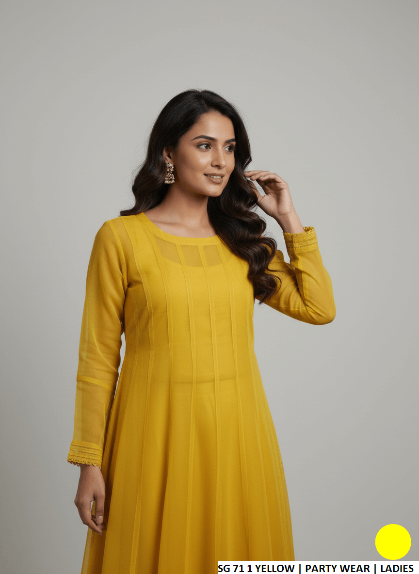 Yellow chiffon Pakistani women's long frock side view