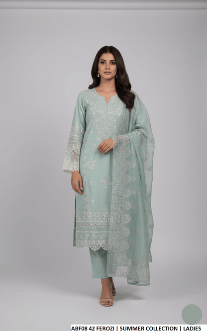 Cotton straight shirt plazo ferozi - Pakistani women's casual outfit with digital print dupatta front view