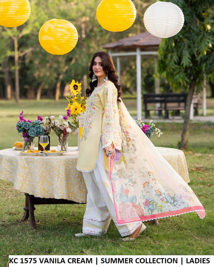 KC Sunehri 1575 Vanilla Cream - Vanilla Cream Embroidered 3-Piece Women's Pakistani Suit