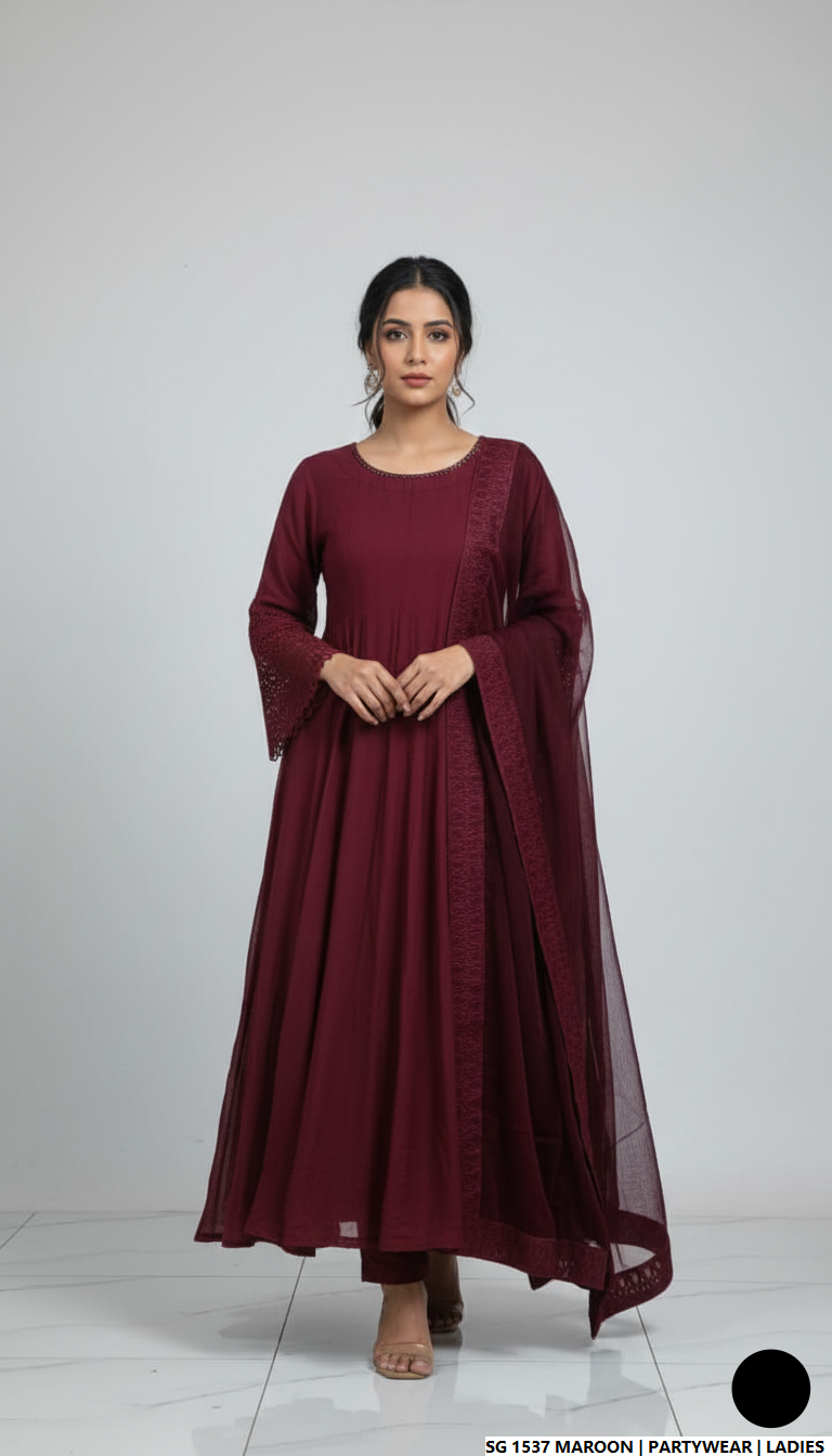Lawn A-Line shirt maroon - Pakistani women's casual summer outfit with cotton trouser and lawn dupatta front view