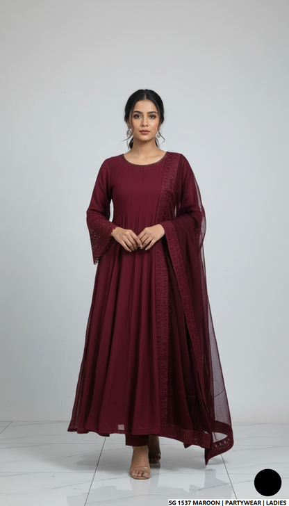 Lawn A-Line shirt maroon - Pakistani women's casual summer outfit with cotton trouser and lawn dupatta front view