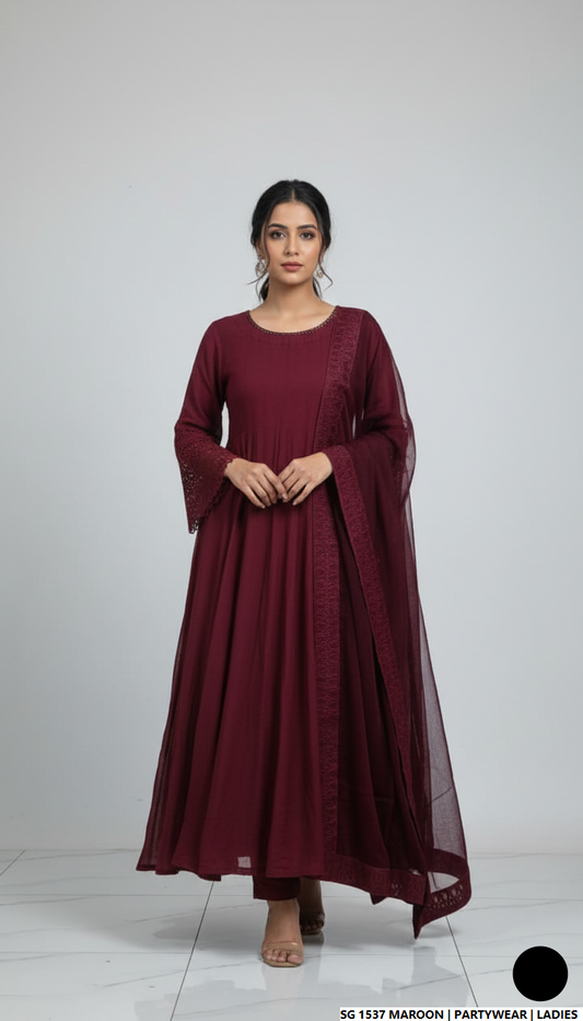 Lawn A-Line shirt maroon - Pakistani women's casual summer outfit with cotton trouser and lawn dupatta front view