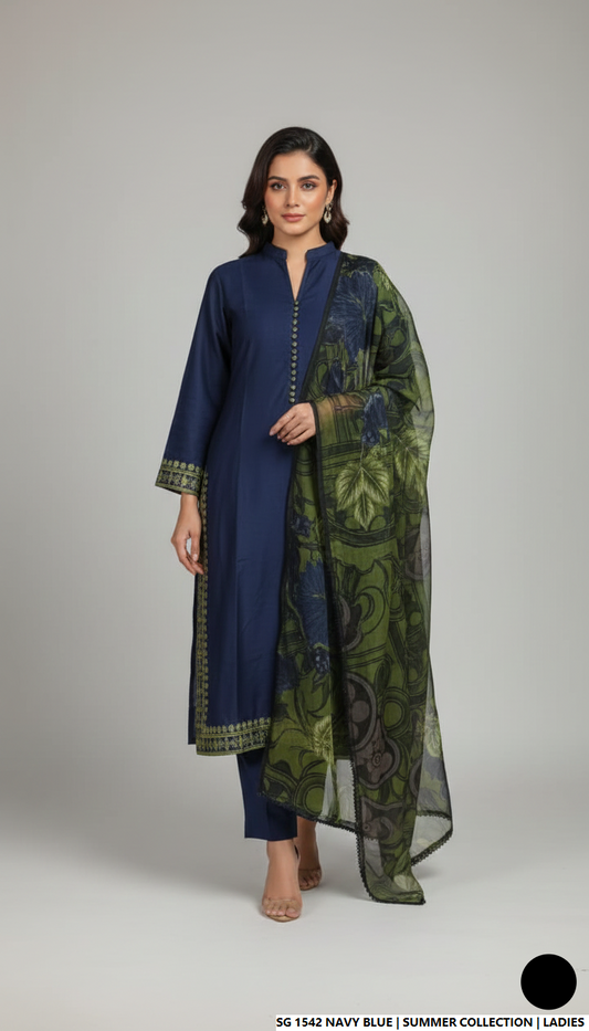 Lawn A-Line shirt navy blue - Pakistani women's casual summer outfit with cotton trouser and lawn dupatta front view