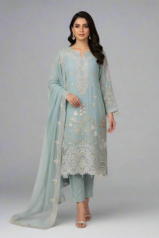 Organza straight shirt light blue - Pakistani women's elegant formal wear with viscose trouser and organza dupatta front view