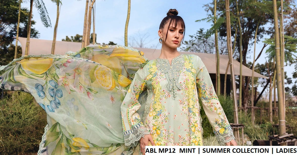 Pakistani women's mint poly lawn A-Line casual outfit back view