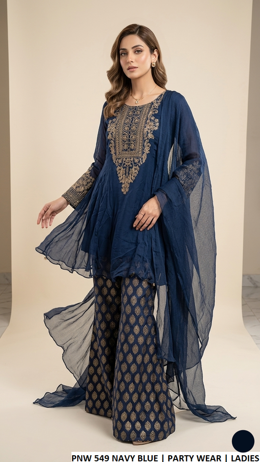 Chiffon short frock navy blue - Pakistani women's casual party wear with viscose trouser and chiffon dupatta front view
