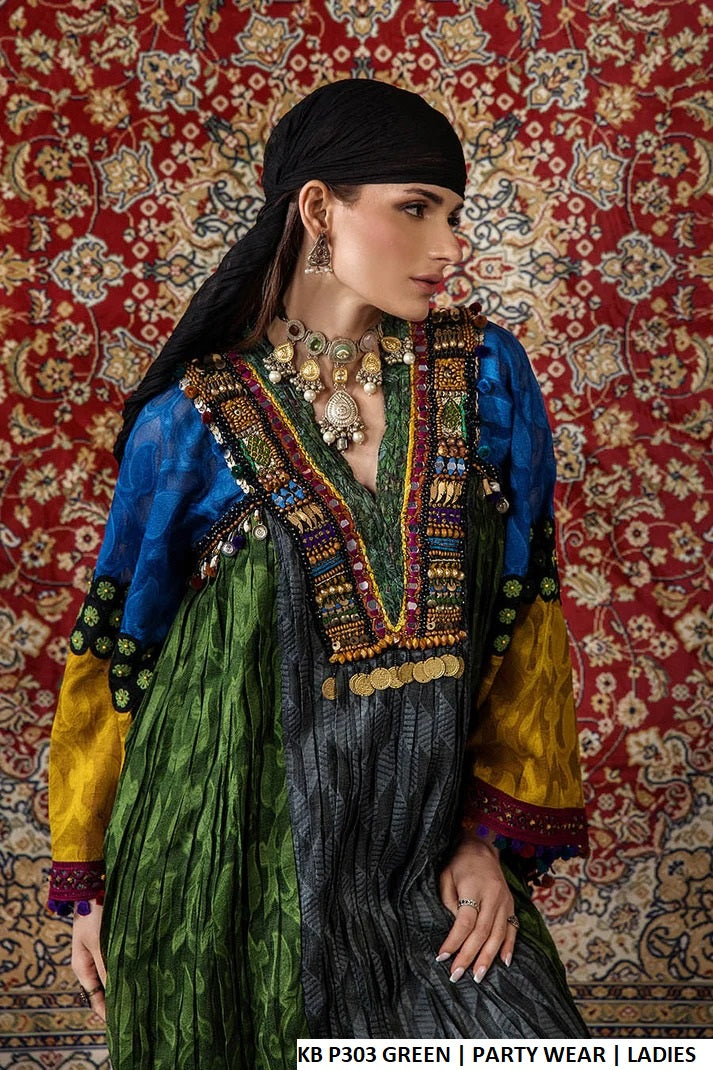 Green brochette Pakistani women's long straight shirt side view