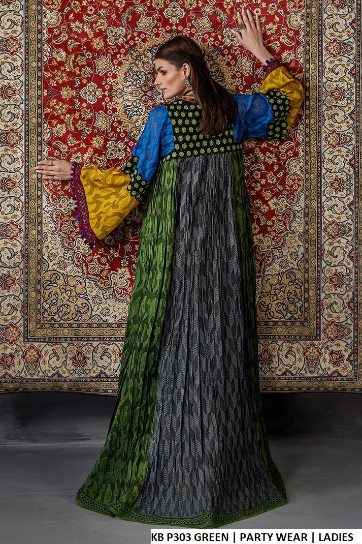 Pakistani women's green brochette long straight shirt back view