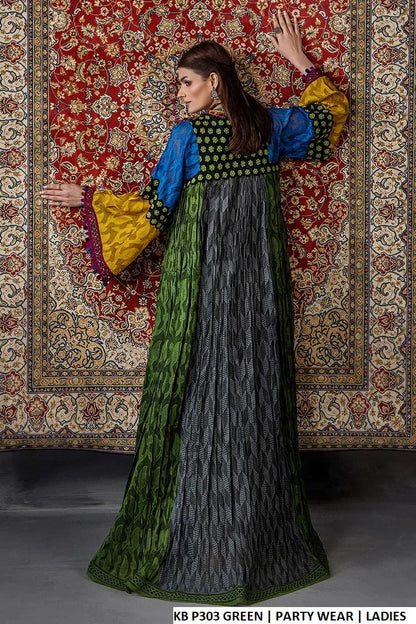 Pakistani women's green brochette long straight shirt back view