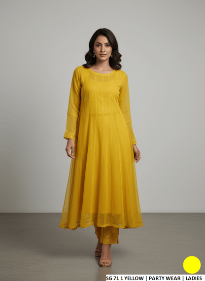 Chiffon long frock yellow - Pakistani women's elegant formal wear with grip trouser front view
